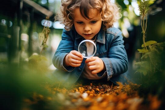 Child with a magnifying glass inspecting nature - Learning and Education - AI Generated