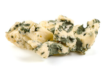 Roquefort style Blue Cheese, isolated on white background.