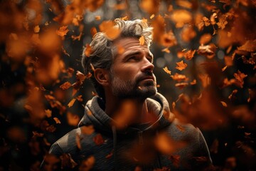 Man surrounded by swirling autumn leaves, each holding a memory - Reminiscing Seasons - AI Generated