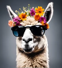 Rolgordijnen Lama Beautiful cool lama portrait in sunglasses with flowers on head