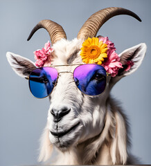 Beautiful cool goat portrait in sunglasses with flowers on head