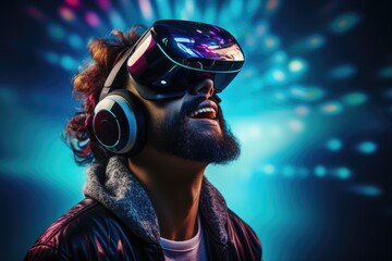 Man wearing VR glasses, experiencing virtual reality - Technology and entertainment - AI Generated