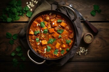 Top view of vegetarian madras curry stew with sweet potatoes & cashew nuts in saucepan, with copy space. Generative AI - obrazy, fototapety, plakaty