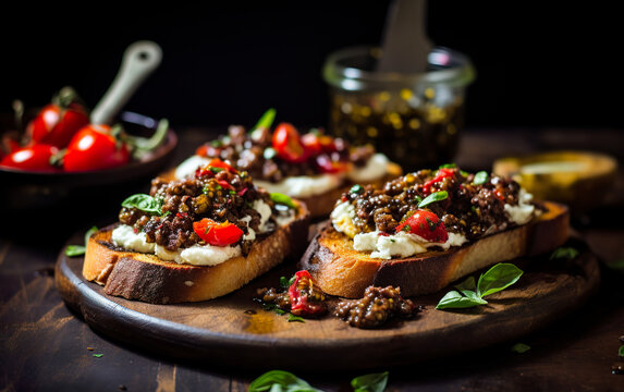 Imaginative twist on a plate of olive tapenade and marshmallow bruschetta. Sweet treat served on a crunchy bruschetta. Concept of inspiration of flavors and combinations.