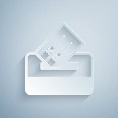 Paper cut Vote box or ballot box with envelope icon isolated on grey background. Paper art style. Vector