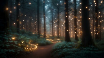 An elegant and intricate scene of a forest filled with glowing lights with smooth curves and sharp focus