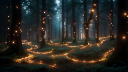 An elegant and intricate scene of a forest filled with glowing lights with smooth curves and sharp focus