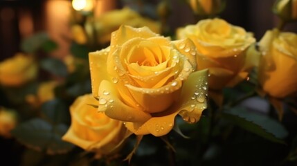 Yellow rose with water droplets on the petals in a flower shop. Mother's day concept with a space...