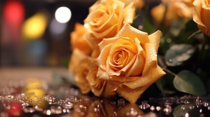 Beautiful yellow roses with water drops on a black background. Selective focus. Mother's day...