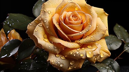 Beautiful yellow rose with water drops on black background, closeup. Mother's day concept with a...