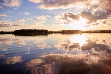 A stunning colorful sunset above the lake near Palava hills at South Moravia, Czech republic