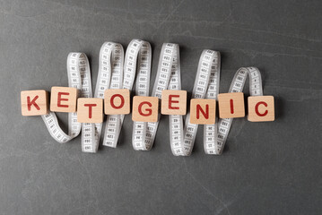 Wooden blocks with letters Ketogenic on tape-measure. Concept of keto diet and healthy lifestile