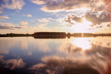 A stunning colorful sunset above the lake near Palava hills at South Moravia, Czech republic