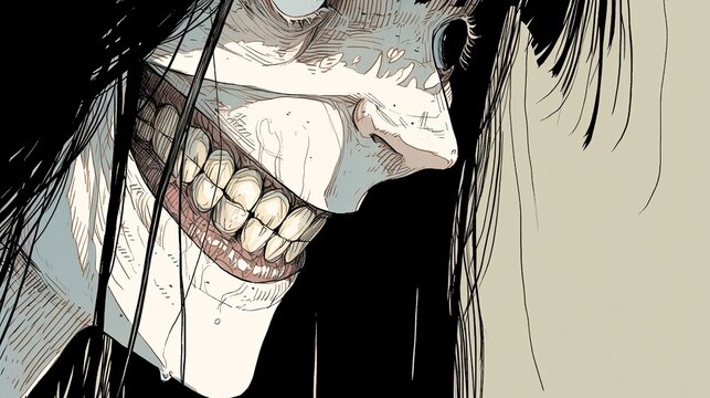 Horror anime person with scary smile. 