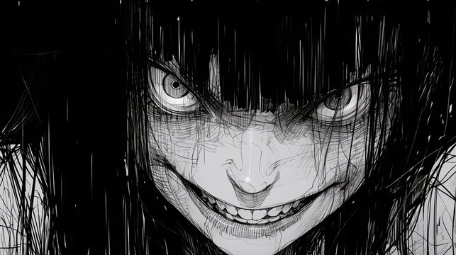 Horror anime girl with scary smile. 