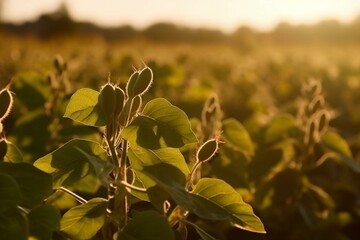 Fototapeta na wymiar Sunny field of soybeans with ripe pods. Generative AI