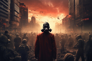 Person in Hazmat Breathing Mask Suit with Toxic Red Glowing City in the Background, Apocalyptic End of the World Contagion Generative AI