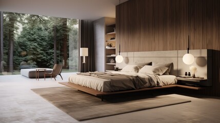 essence of modern interior design by a bedroom with a wooden bed and polished concrete floor