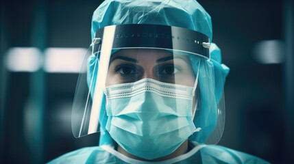 Female Woman Doctor Surgeon Nurse in Scrubs with Face Mask and Face Shield - COVID-19 PPE Protection - Generative AI
