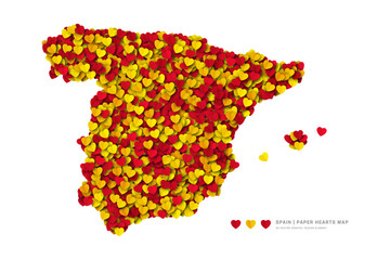 Spain Map From Scattered Paper Hearts In Colours Of National Flag Vector Isolated On White Background. Spain Border Silhouette In Official Colors Pattern Art Illustration For Print And Poster Design