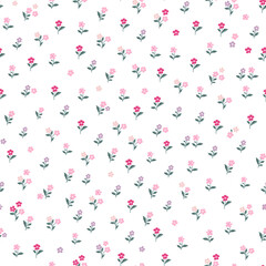 Cute floral pattern of small flowers. Seamless vector texture. An elegant template for fashionable prints. Print with small pink, fillet and fuchsia flowers. White background. Stock print.