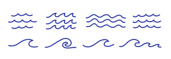 Set of line blue water waves icons. Simple line drawings isolated on white background.