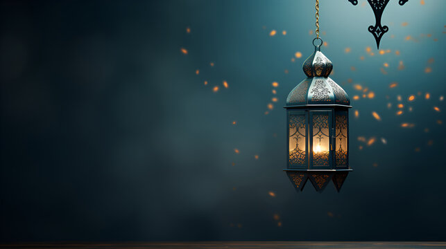 A lantern hangs on a blue background