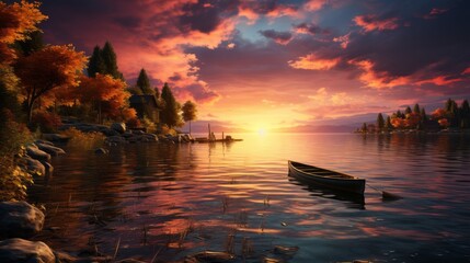 Tranquil Sunset Reflection over Lake and Landscape