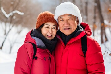 Asian best agers enjoying a winter walk, snowy forest. Asian senior couple walking in a forest, snow falling. Happiness of being outdoors and having mobility.	