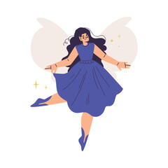 Beautiful Woman Fairy with Wings in Purple Dress Fluttering Around Vector Illustration