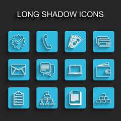 Set line Clipboard with checklist, Referral marketing, Approved and, Document, Gold bars, Chat, Wallet and Laptop icon. Vector