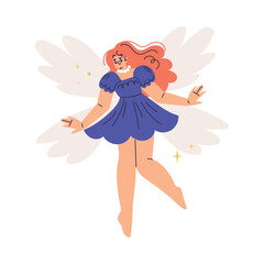 Beautiful Woman Fairy with Wings in Purple Dress Fluttering Around Vector Illustration