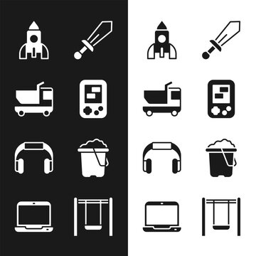 Set Tetris electronic game, Toy truck, Rocket ship toy, Sword, Headphones, Sand in bucket, Swing and Laptop icon. Vector