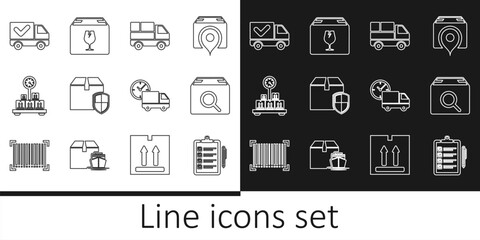 Set line Verification of delivery list, Search package, Delivery truck with boxes, security shield, Scale cardboard, check mark, and clock and fragile content icon. Vector