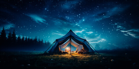 A light up tent under a full sky of stars