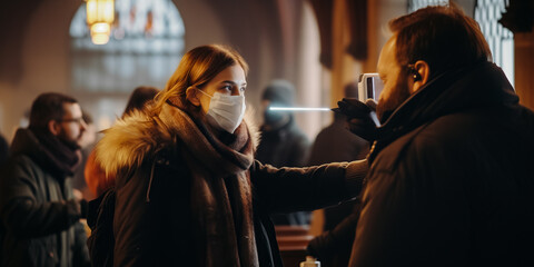 Fototapeta premium Body temperature checkpoint at church