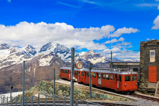 Beautiful view of the Swiss Alps with cogwheel train of Gornergrat railway close to Zermatt, Switzerland