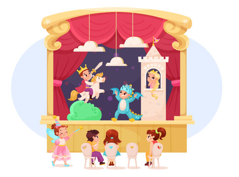 Children in Theater Play Performance Wearing Costumes Performing on Stage Vector Illustration