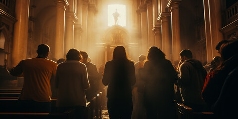 Fototapeta na wymiar Group of people praying in a church during the pandemic
