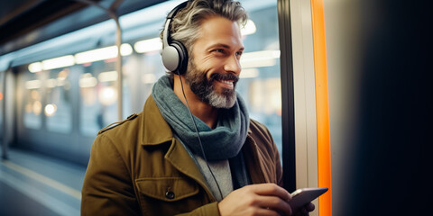Handsome mature man in city with smartphone and headphones listening music, commuter concept