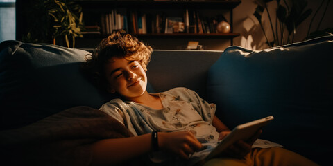 Obraz premium Happy non - binary person lying on the sofa and using smartphone. genderqueer person person relaxing at home texting on phone