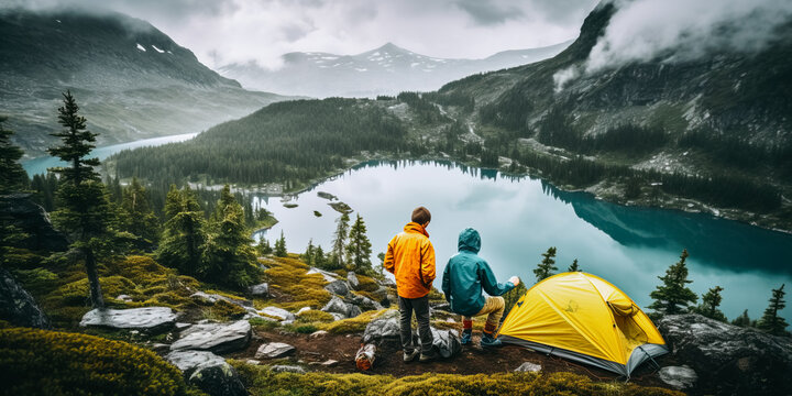 Father and son setting up tent above alpine lake during backpacking trip in rain