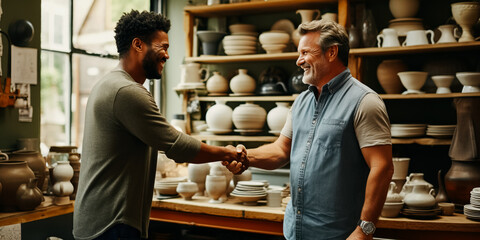 Satisfied customers shaking hands with a pottery studio owner