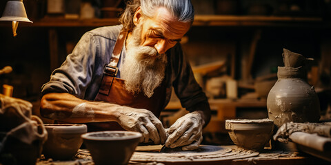 Pottery artist pouring clay in slip cast mould
