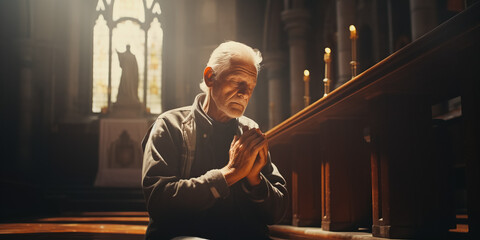 Obraz premium Senior man praying alone in the church