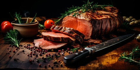 Sliced roast beef on cleaver knife