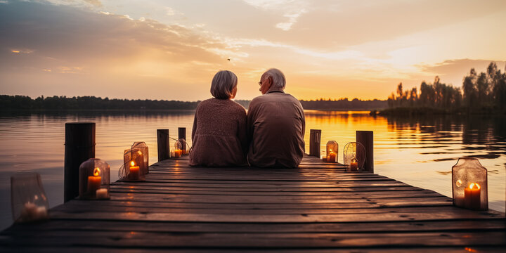 Senior couple in in love sitting on pier and enjoying romantic date by lake - Powered by Adobe