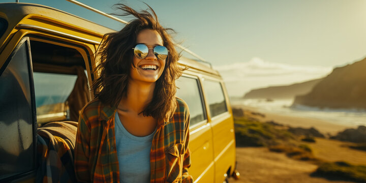 Smiling Woman On Road Trip Stepping Out Of Van Parked At Ocean Lookout