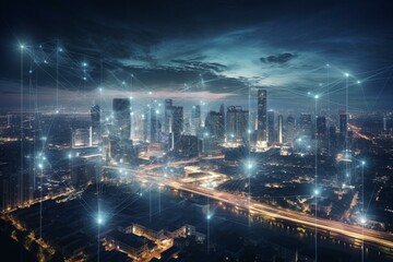 Concept of network tech, big data, and digital transformation for communication. Smart city. Generative AI