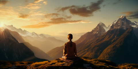 Young woman meditating on mountain top